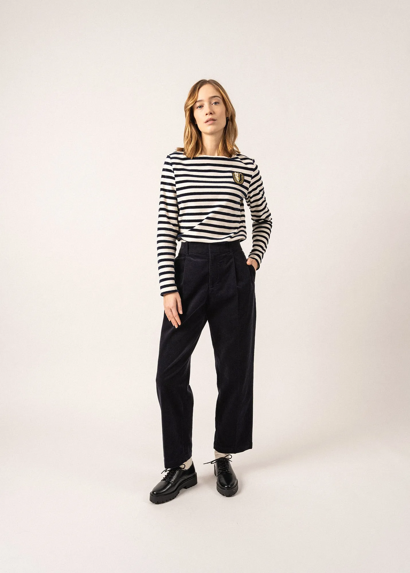 MERIDAME CAMPUS - Fancy Breton Shirt Top with Velvet Stripes and Vintage Crest | Heavyweight Cotton Blend | Women Fit  (IVORY / NAVY)