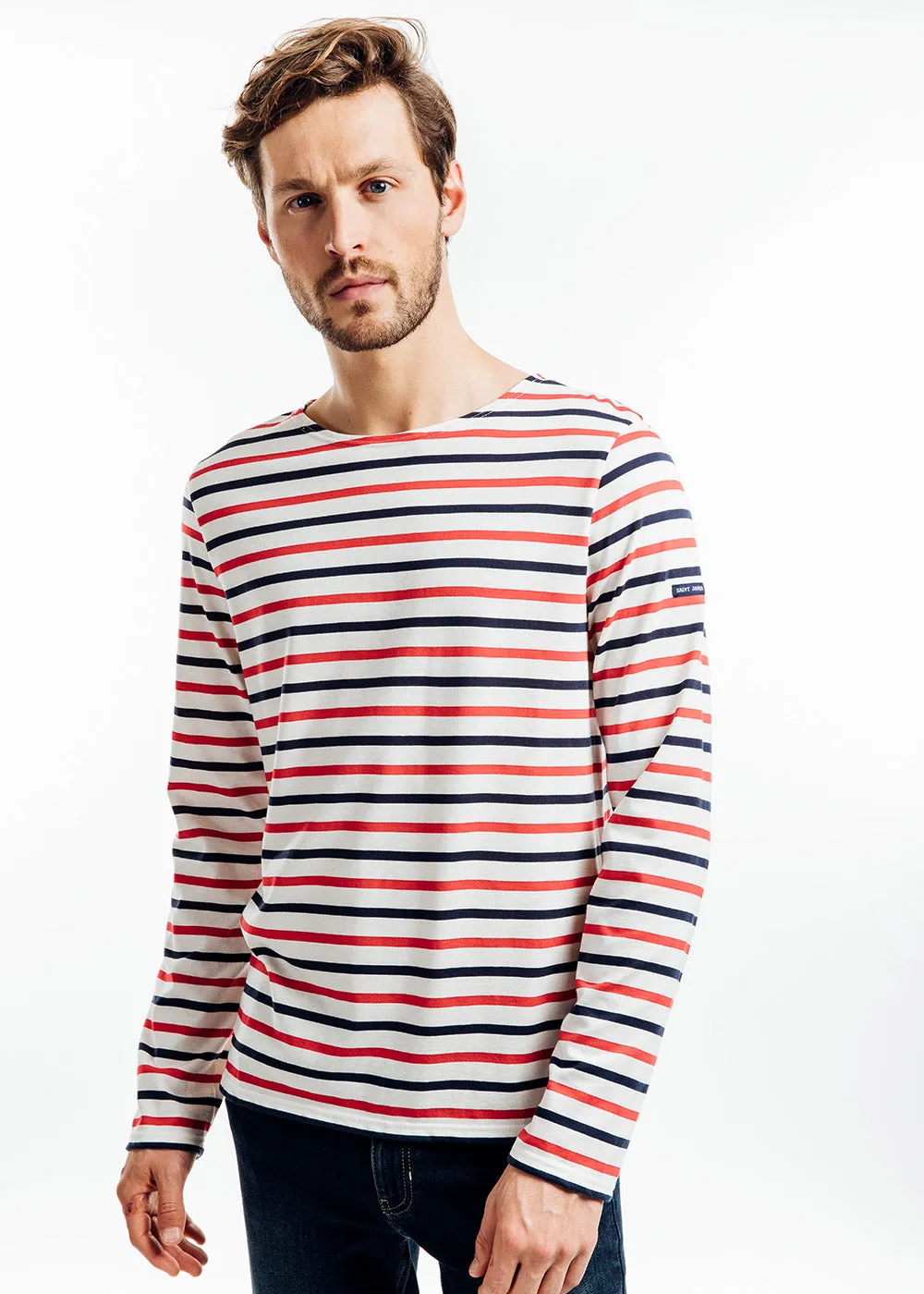 MINQUIERS MODERNE - Tri-color Striped Shirt | Lightweight Cotton | Unisex Fit (ECRU / NAVY / RED)