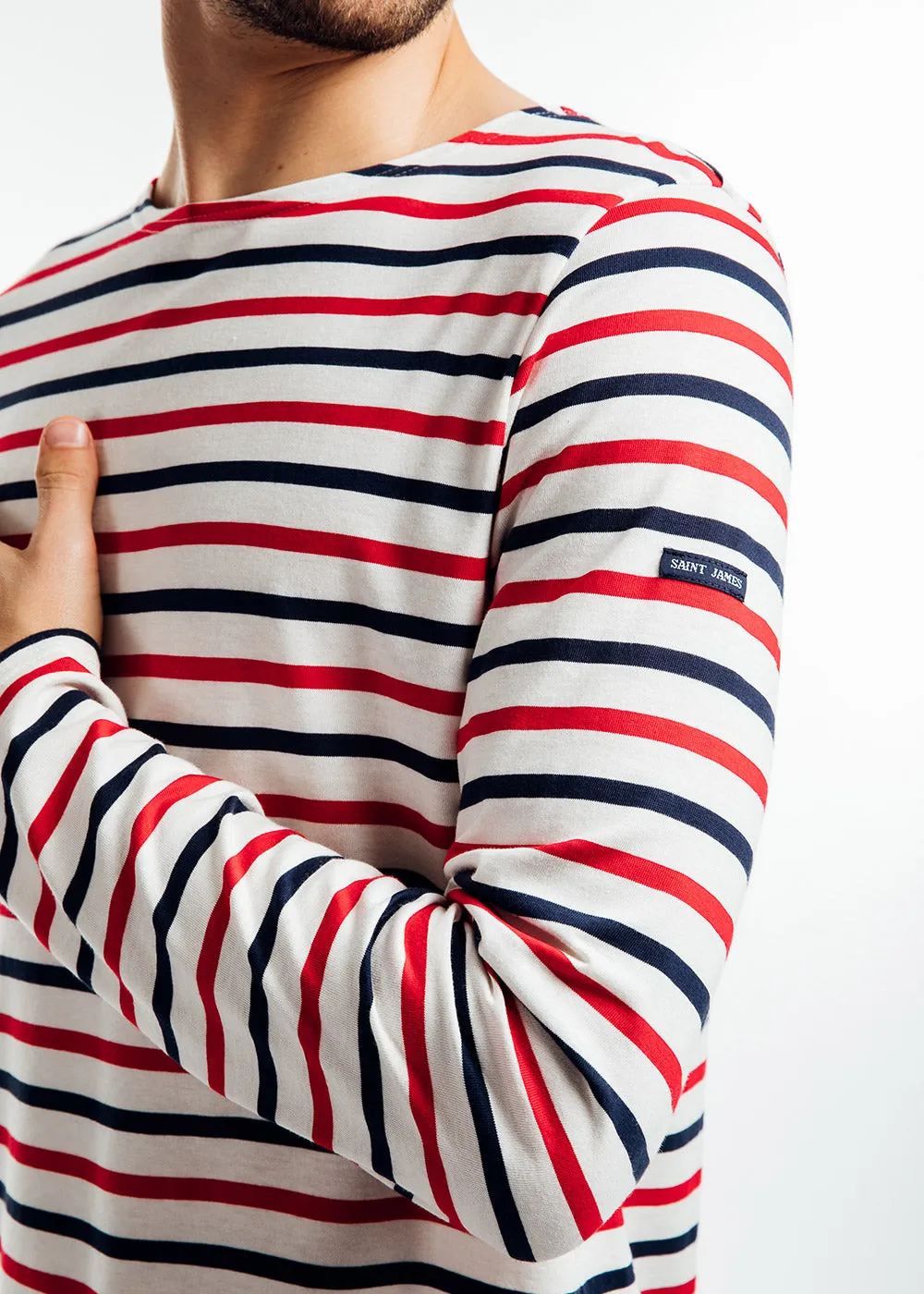 MINQUIERS MODERNE - Tri-color Striped Shirt | Lightweight Cotton | Unisex Fit (ECRU / NAVY / RED)