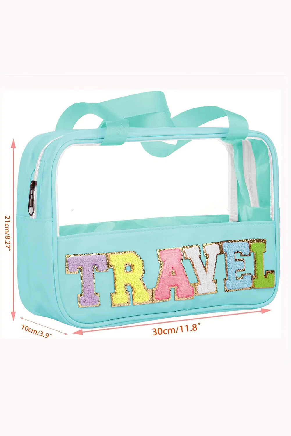 Mint Green TRAVEL Chenille Letter Clear PVC Makeup Bag