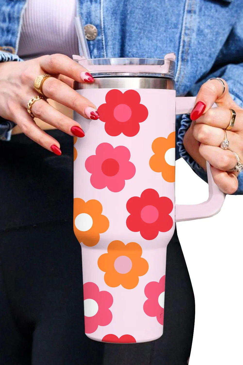 Multicolor 60s Flower Print Handled Stainless Steel Tumbler