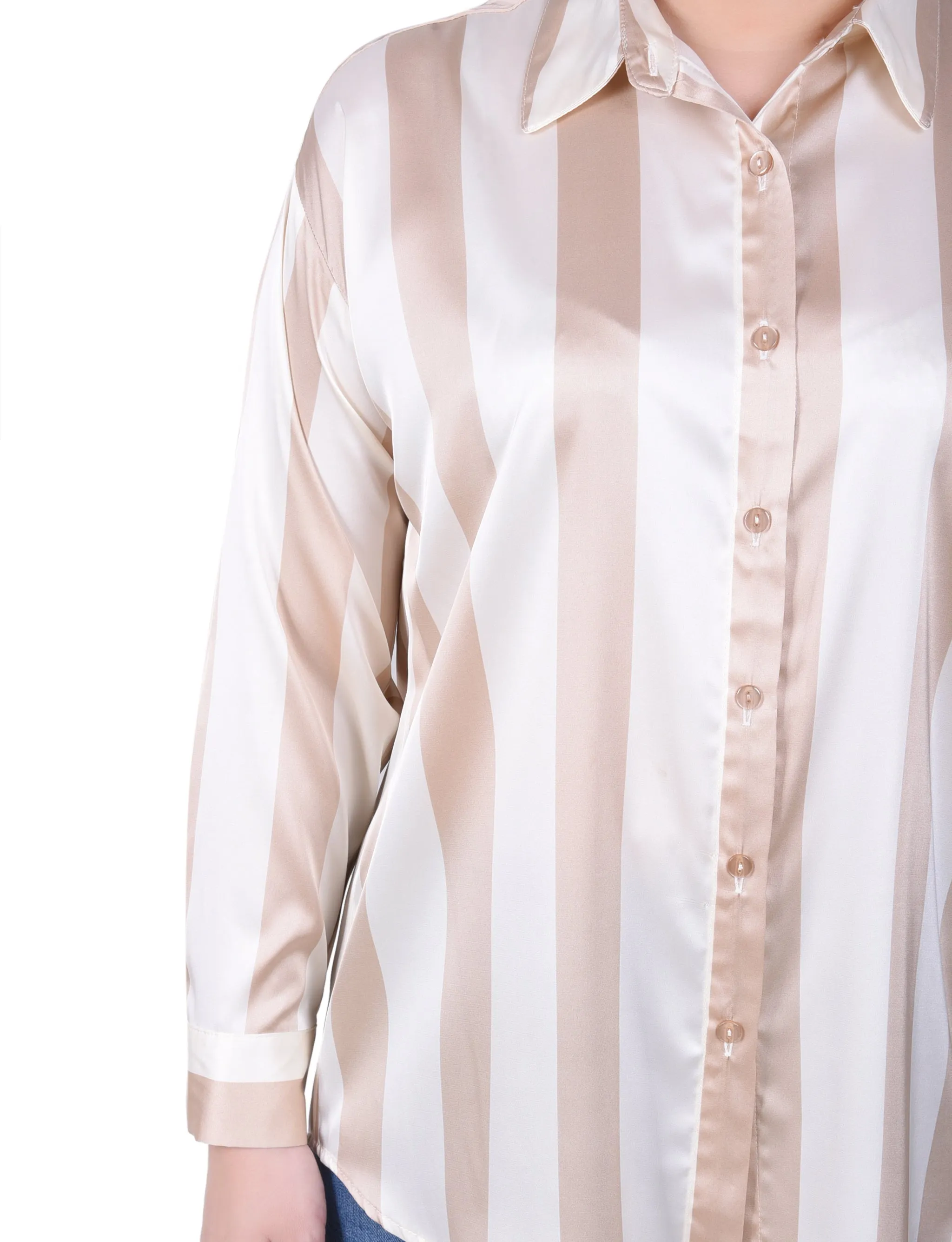 Petite Long Sleeve Striped Satin Blouse