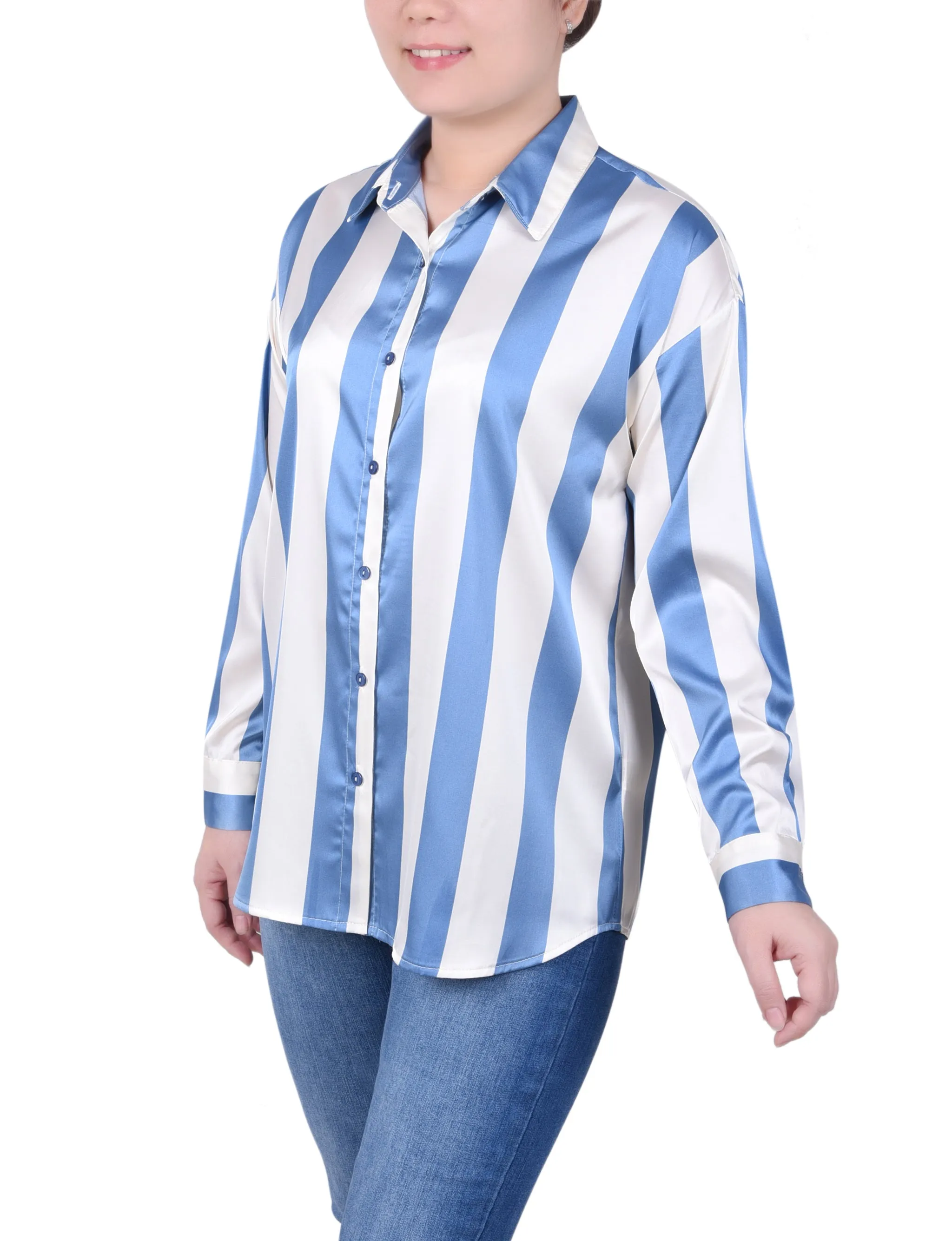 Petite Long Sleeve Striped Satin Blouse