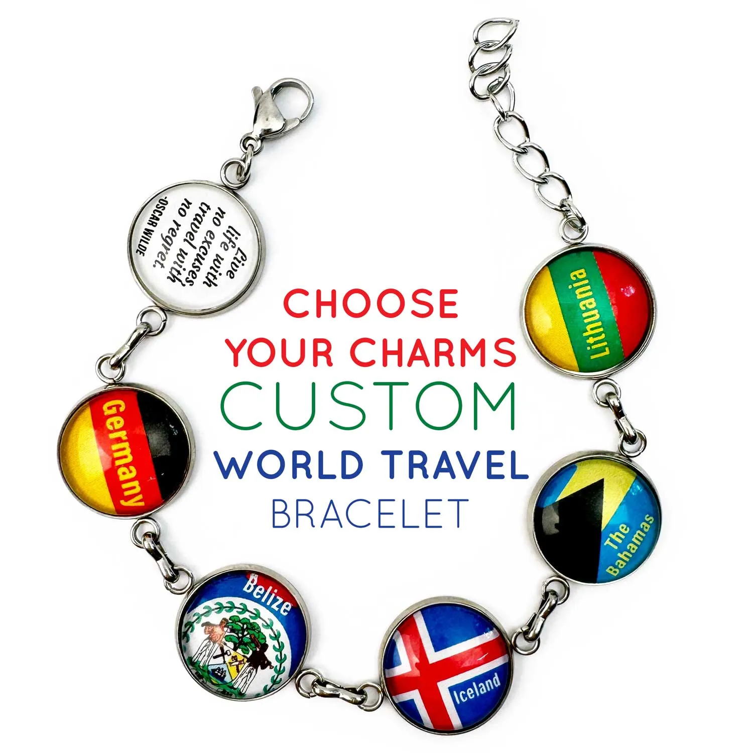 Customizable World Flags Travel Charm Bracelet - Personalize Your Own Country Flag Charms!