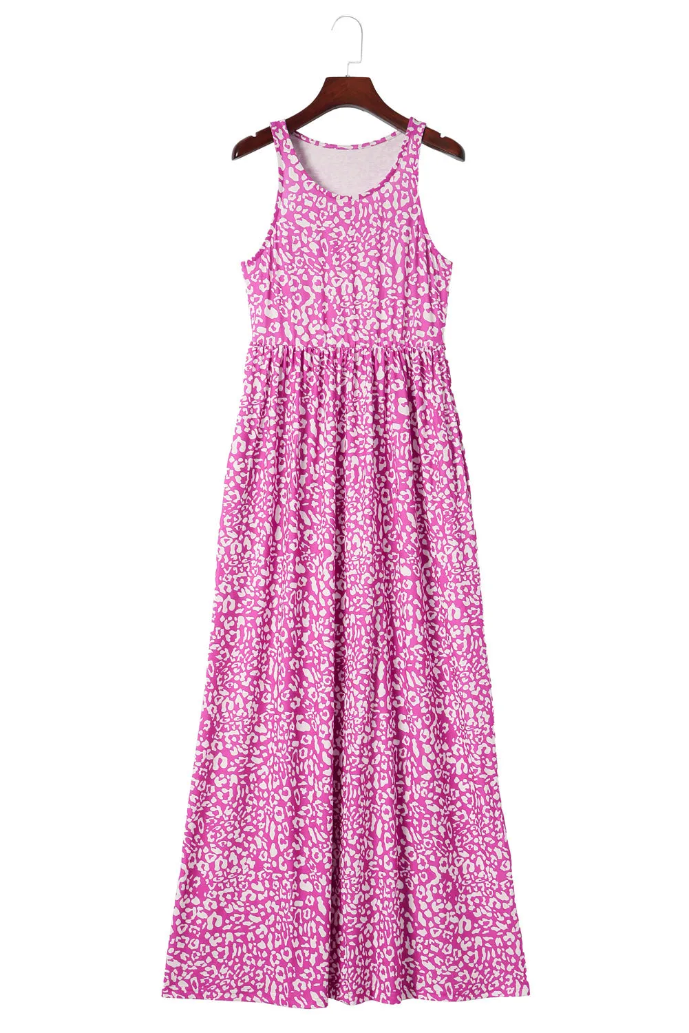 Pink Sleeveless Floor Length Leopard Print Dress with Pockets