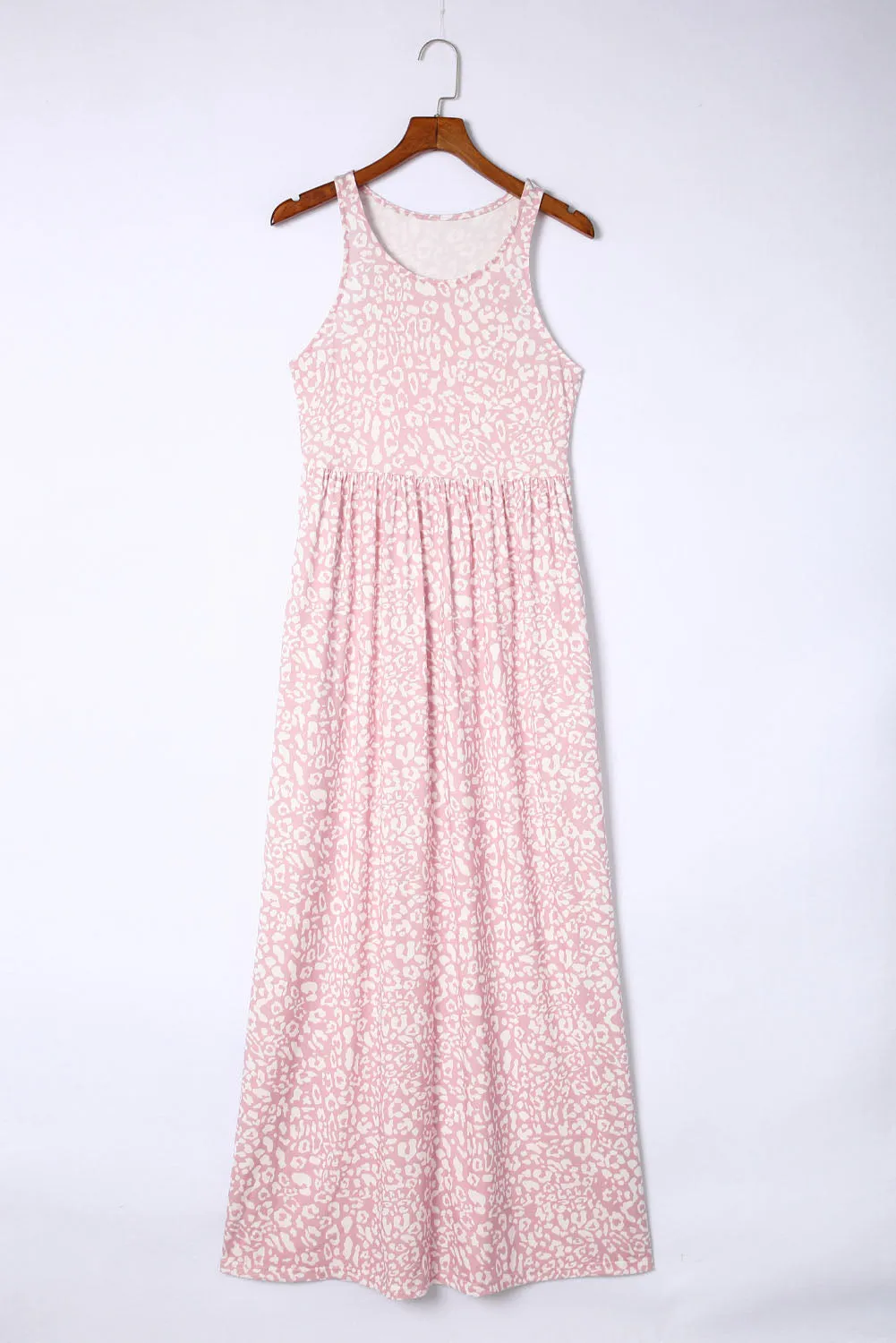 Pink Sleeveless Floor Length Leopard Print Dress with Pockets