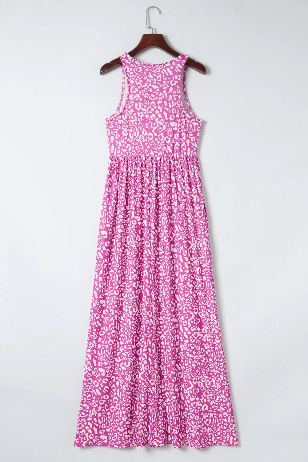 Pink Sleeveless Floor Length Leopard Print Dress with Pockets