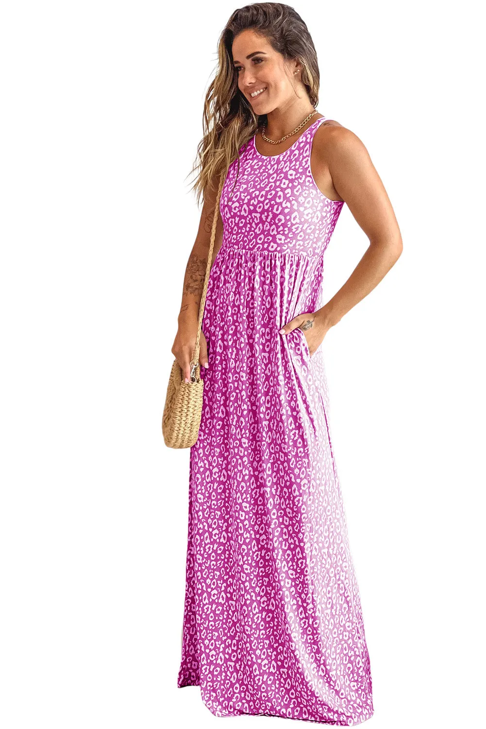 Pink Sleeveless Floor Length Leopard Print Dress with Pockets