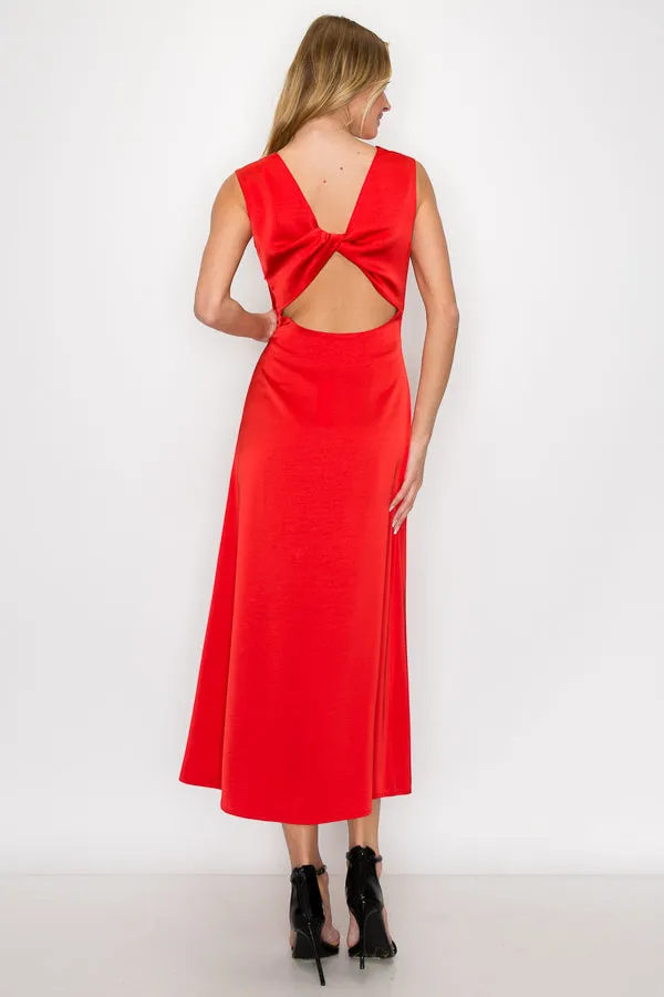 Red Sleeveless Satin Midi Dress