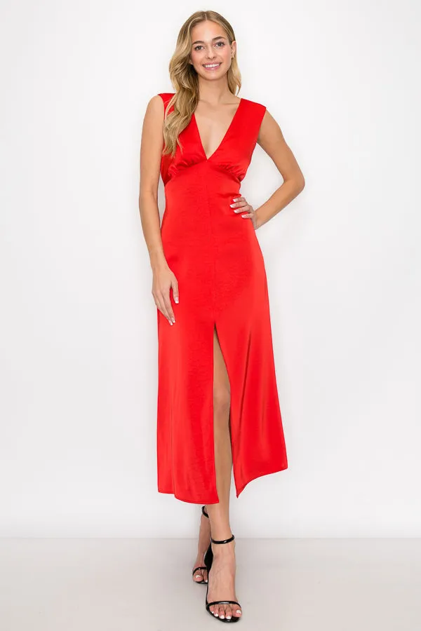 Red Sleeveless Satin Midi Dress