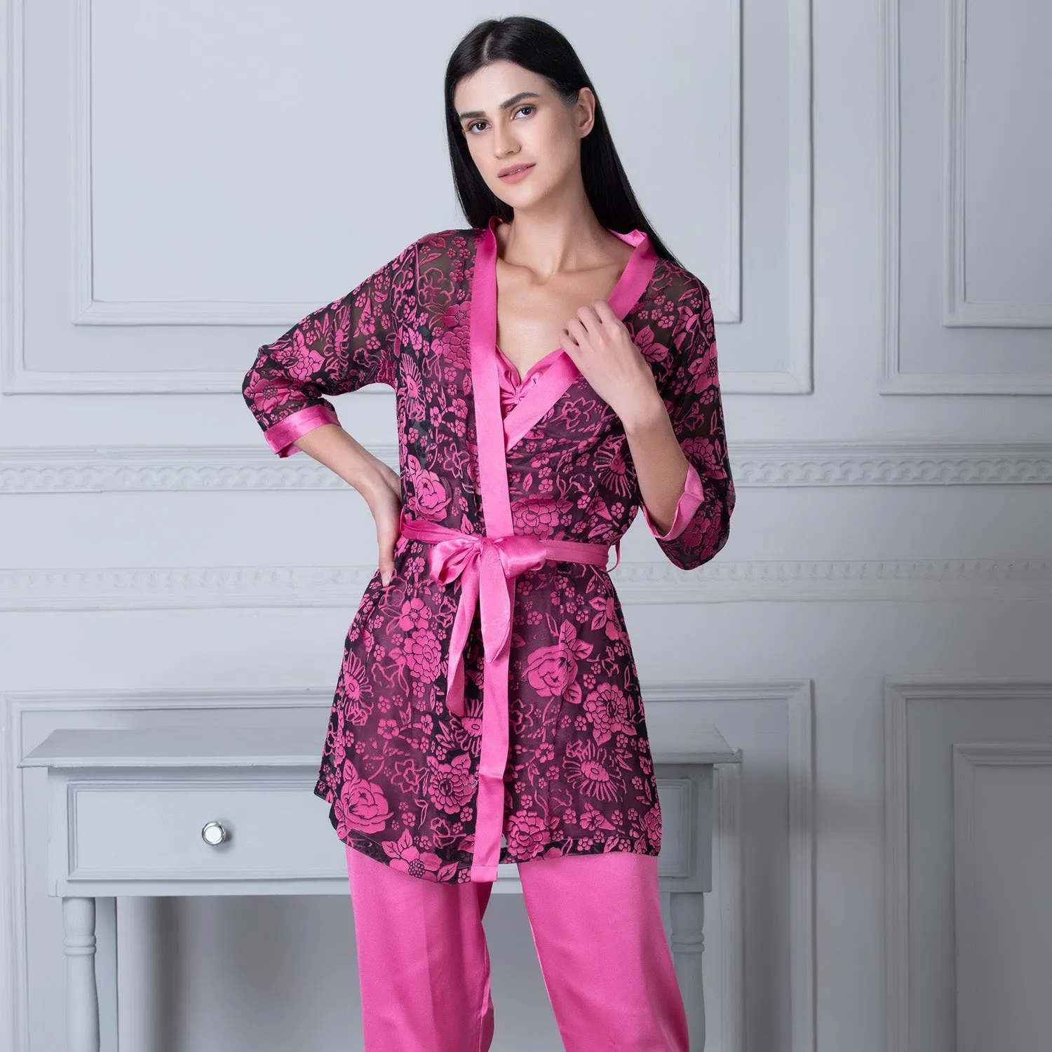 Satin Night suit with Floral Robe