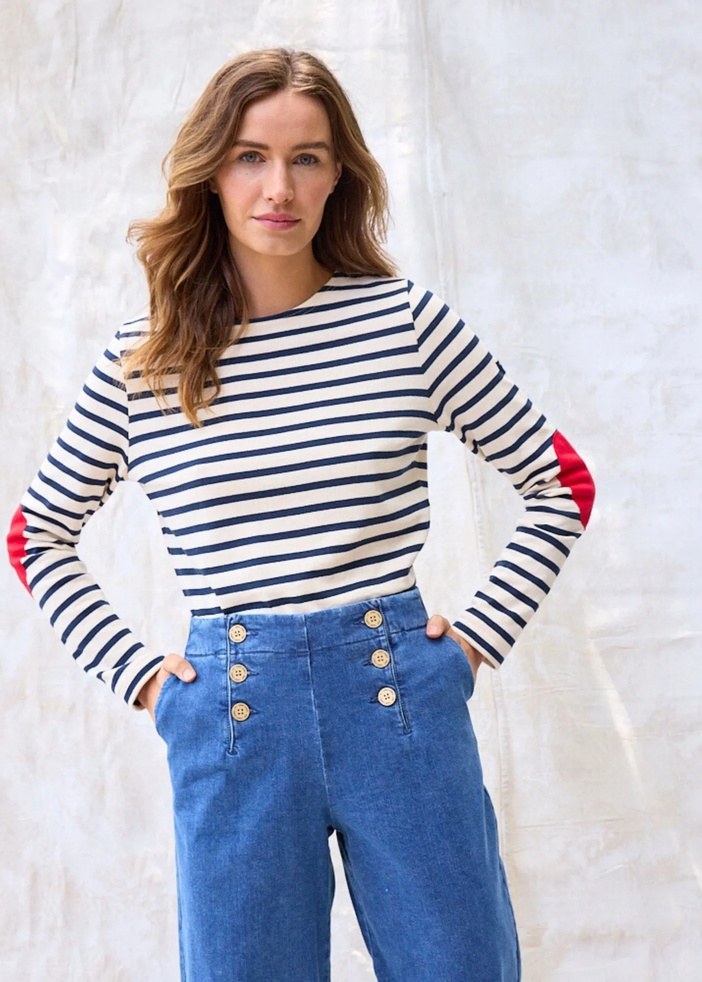 VAUJANY - Striped Shirt with Heart Elbow Patches (ECRU / NAVY)